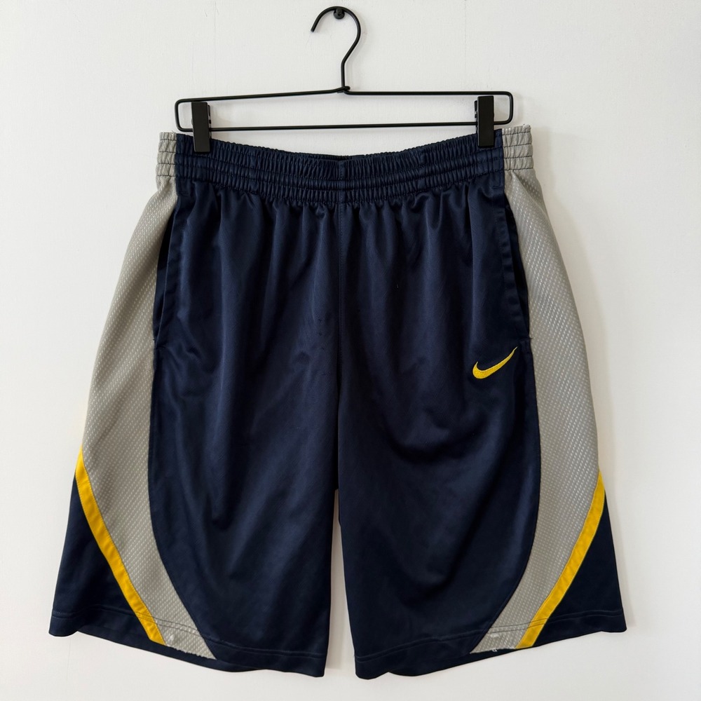 Nike Basketball Shorts Mens Medium Navy Blue Grey Yellow Mesh Side Panel
